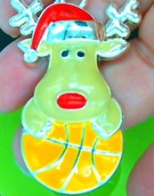 Load image into Gallery viewer, Silicone Mold Christmas Reindeer with Santa Hat and antlers holding a basketball pin jewelry wax, gypsum, resin, hot glue, soap, clay, metal
