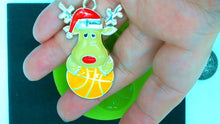 Load image into Gallery viewer, Silicone Mold Christmas Reindeer with Santa Hat and antlers holding a basketball pin jewelry wax, gypsum, resin, hot glue, soap, clay, metal