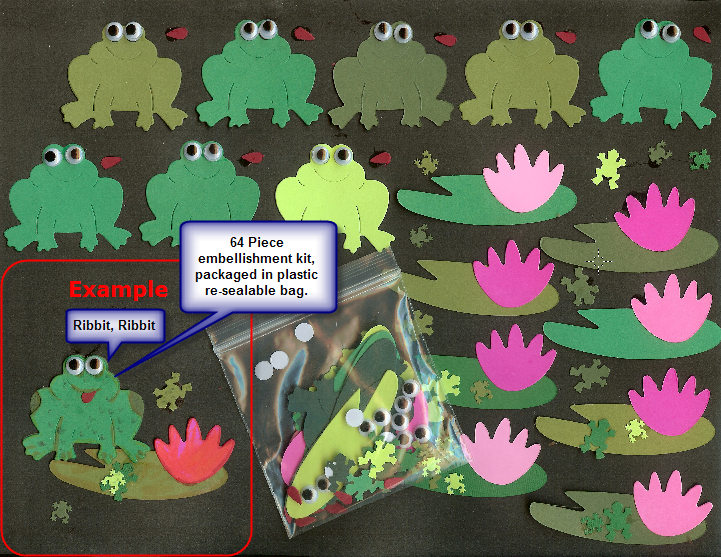 Embellishment Kit 8 frog, 8 lily pad, 8 flower, 16 googly eyes 16 mini frogs Kit