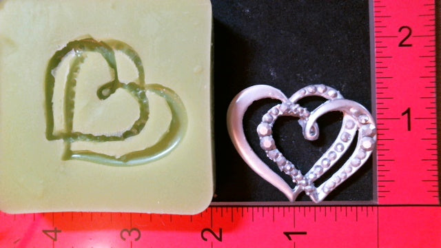 Silicone Mold elegant Double Heart Pin jewelry used with wax, gypsum, resin, hot glue, soap, clay, metal